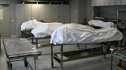 Five bodies lay beneath white sheets in the cadaver room awating dissection by DVC students enrolled in human Anatomy and Advanced Dissection courses.  ()