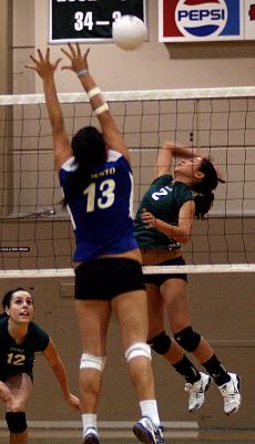 Viking Kelsey Awai goes up for a spike during last fridays game against Modesto Community College. DVC now looks towards the NorCal playoffs. ()