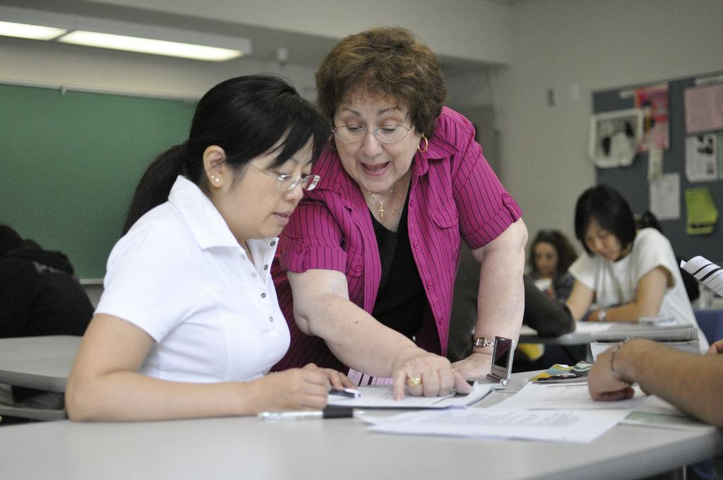 Instructor Nancy Zink helps Mindy Han, 47, with her word pronunciations. (Photo by Travis Jenkins/The Inquirer 2010)