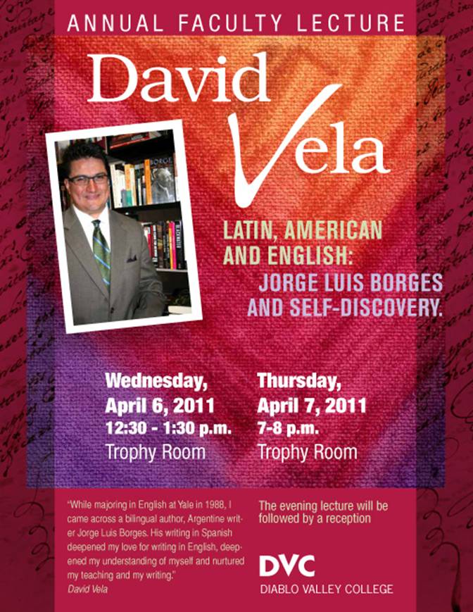 Poster for David Velas lecture, Latin, American and English (Courtesy of DVC)