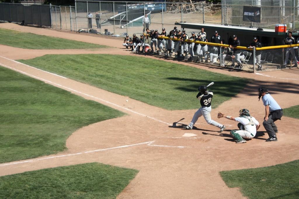 Delta third baseman Steven Patterson fouling a pitch off in the 4-1 win over the Vikings. (Julius Rea / The Inquirer)