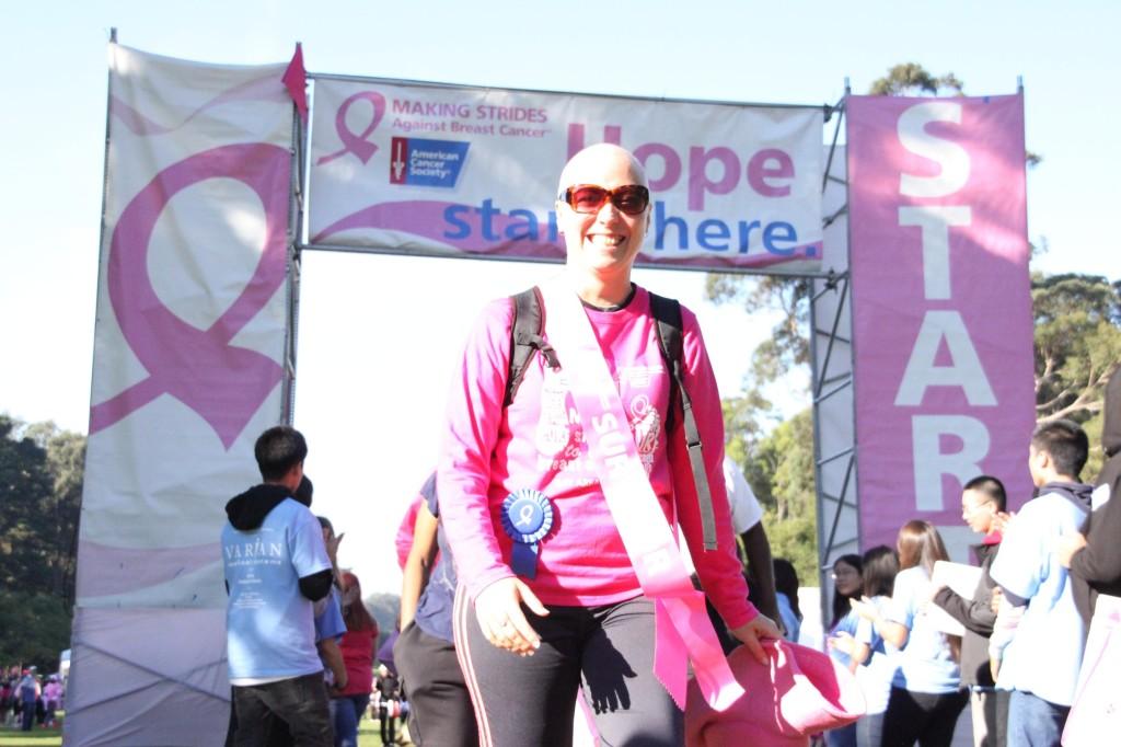 Stephanie Newblanc, 39, in the “Making strides against breast cancer” walk on October 23. She was diagnosed in July 2011. (Danielle Barcena / The Inquirer)