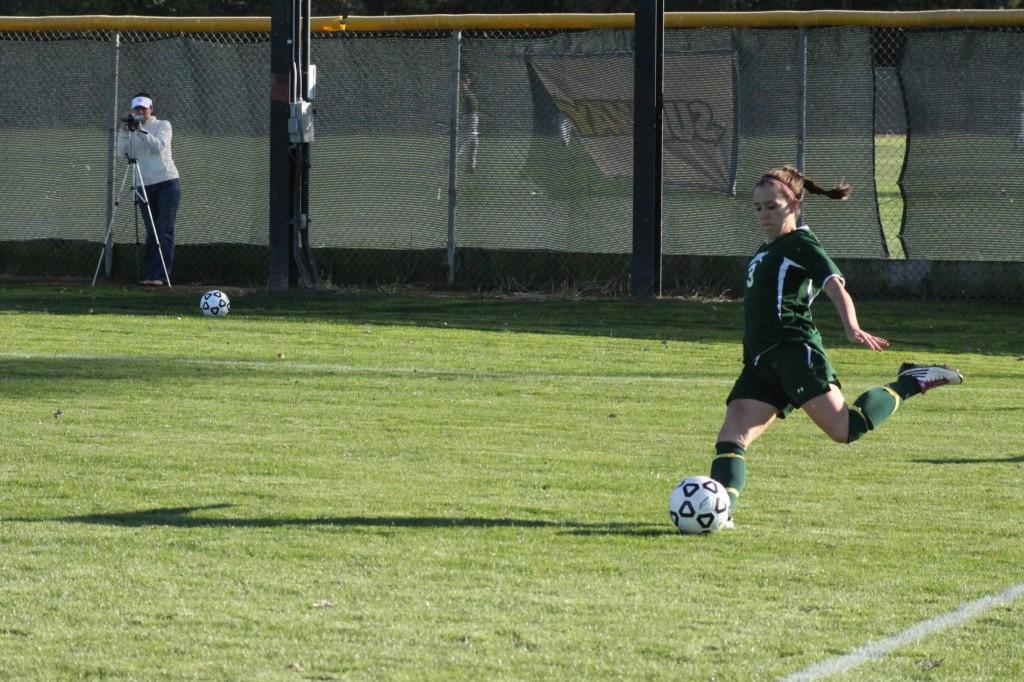 Ana Torres kicks the ball in a game against Modesto. Torres has nine goals and eight assists on the season. (Mike Alfieri / DVC Inquirer)