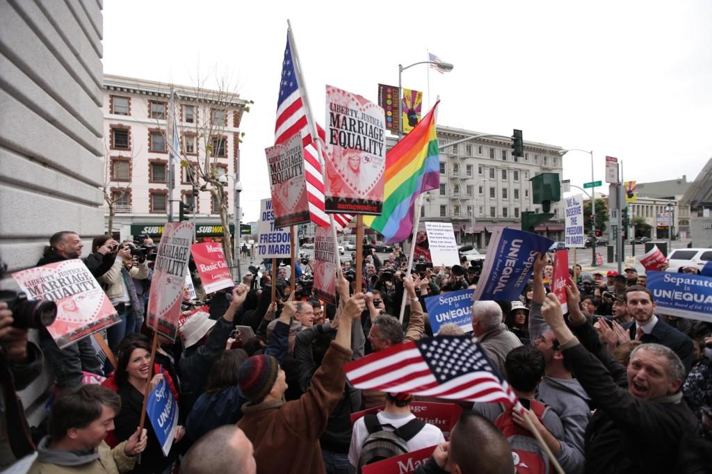 Supporters celebrate outside of the U.S. court of Appeals in San Francisco (Mike Alfieri)