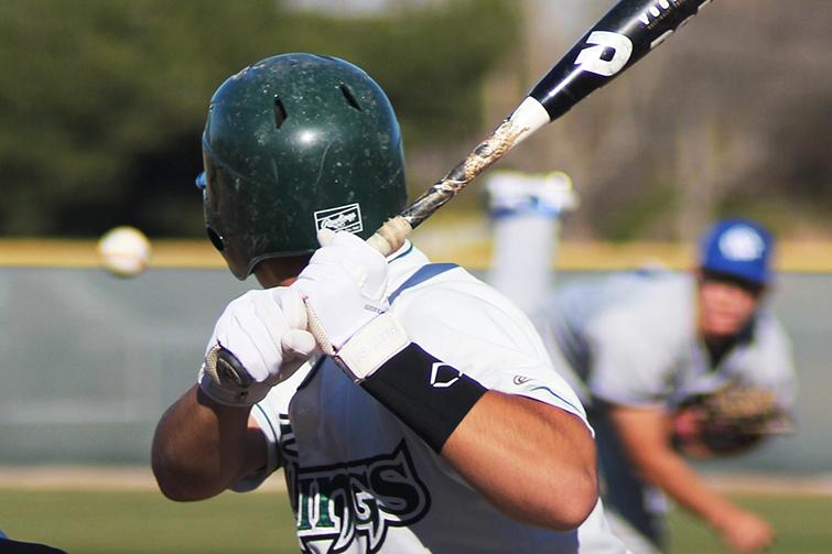 DVCs second baseman Michael Lanter bats against Solano College. The game was called for darkness at 5 pm Friday, and began again Saturday morning, finally ending with Solanos victory in the 20th inning.