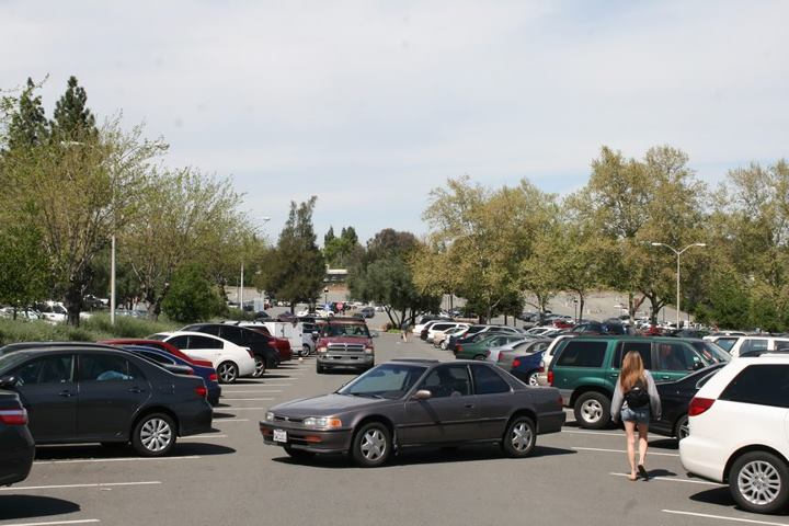 Parking lot 7 was temporarily blocked by a parked vehicle which apparently rolled back into the one way aisle on the afternoon of April 3. (Josh Grassy Knoll / The Inquirer)
