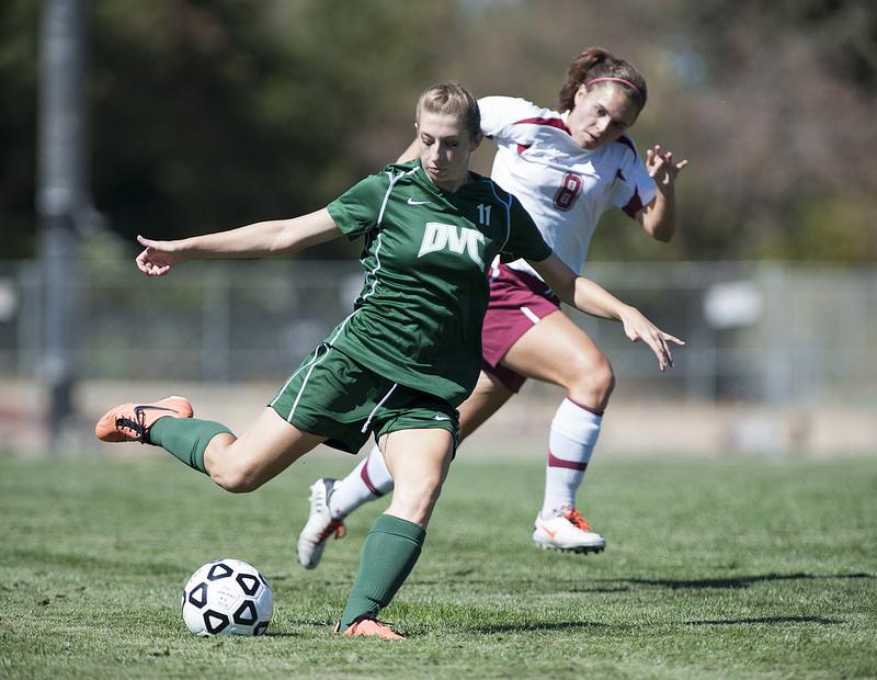 Starting forward Katarina Gentry rockets a shot off ahead of her opponent.

The women won this game against De Anza College 2-0 on Aug. 27, 2013.