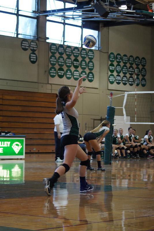 Outside hitter, Claire Hannigan, focuses on her serve during the second set of Fridau loss to Shasta College. (Benjamin Davidson/ The Inquirer)