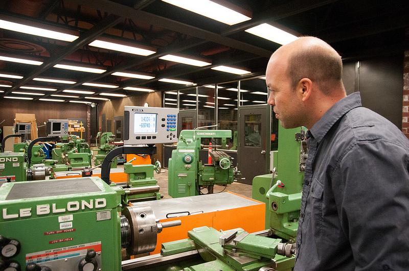 Architecture and engineering chair, Daniel Abbott demonstrating new Digital Position Readout on the metal lathes that have been there for years in metal shop (Gustavo Vasquez/ The Inquirer).