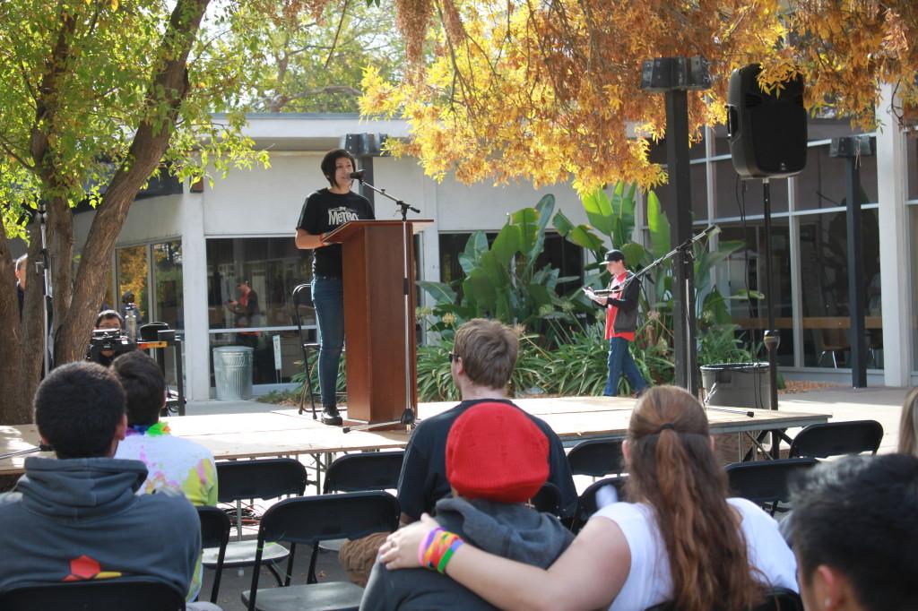 President of QSA Jasmine Flores emotionally recites Andrea Gibsons poem The Madness Vase at the No H8 event Monday, Nov. 18.Photo credit: Rachel Ann Reyes.