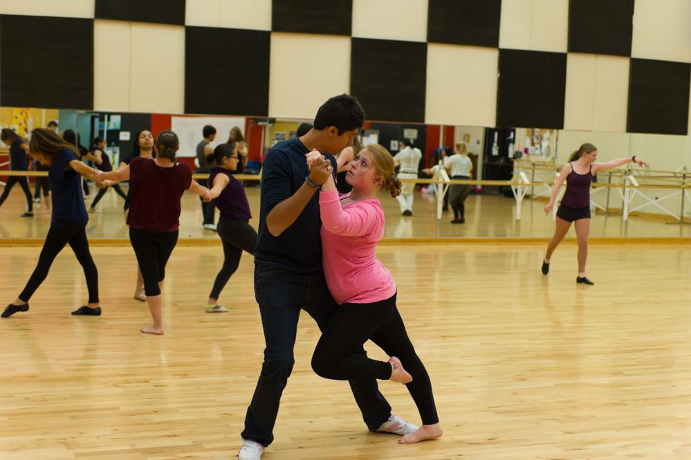 Oscar Mendoza and Sarah Horseley during rehearsal for the upcoming performance Dancing: Hours by arrangement. The DVC show begins on Dec. 13, 2013.Photo credit: Andrew Barber