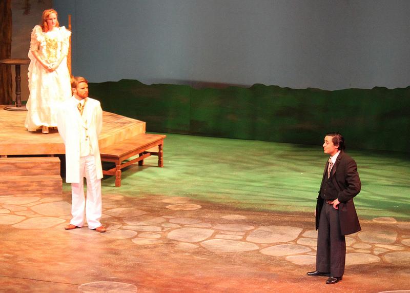 Gordon Belanger (right), playing the part of Hamlet, rehearses with fellow actors Nate Smith, playing the part of Claudius, and Cassandra Grove, playing the part of Queen Gertrude, during DVC Dramas dress rehearsal on Jan. 28, in the Performing arts center. The play premieres on Jan. 31.