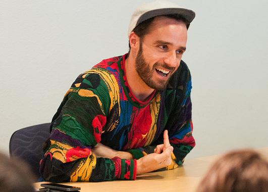 Sebastiàn Silva conducts a question and answer session after screening "Crystal Fairy and the Magical Cactus" in the BFL conference room on Feb. 18, 2014.