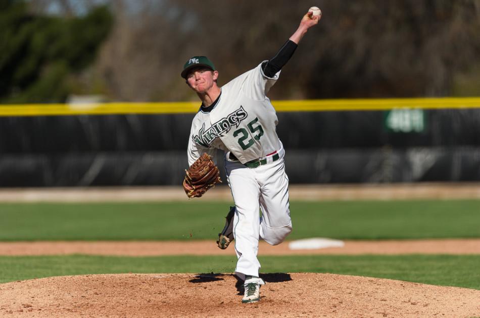 Ben Krauth of Diablo Valley College pitched nine solid innings to lead the Vikings in a victory over Laney College, with a final score of 3-1 on Feb. 21, 2014. Pleasant Hill, Calif. 