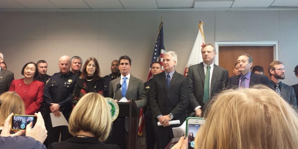 Sen. Mark Leno of San Francisco argues for kill switch legislation at a news conference with Bay Area politicians and law enforcement officials Feb. 7.