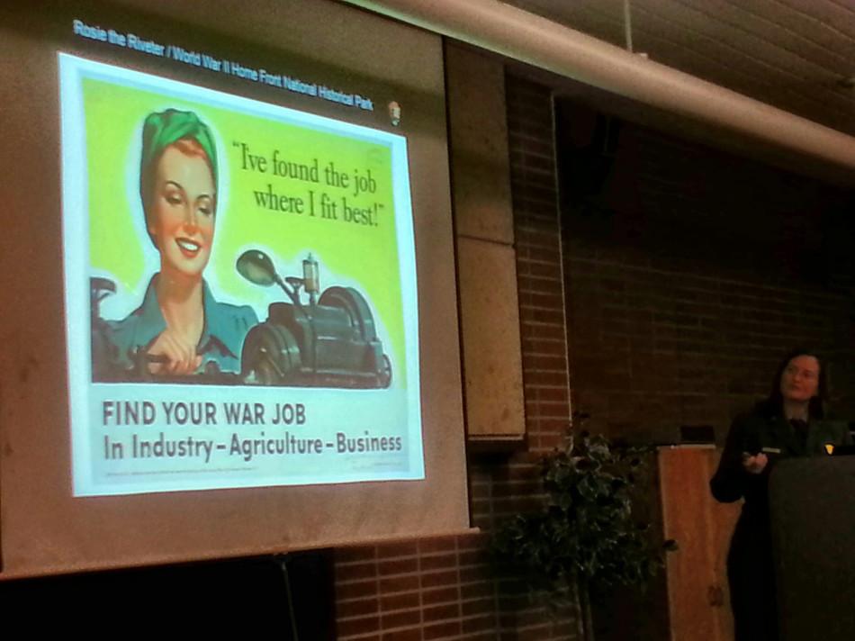 National Park Service Deputy Susan Fritzke describes the role women played during the WWII effort, at the 50 Year Anniversary of The Civil Rights Act at Diablo Valley College. The event was held in honor of Womens History Month on March 11. 