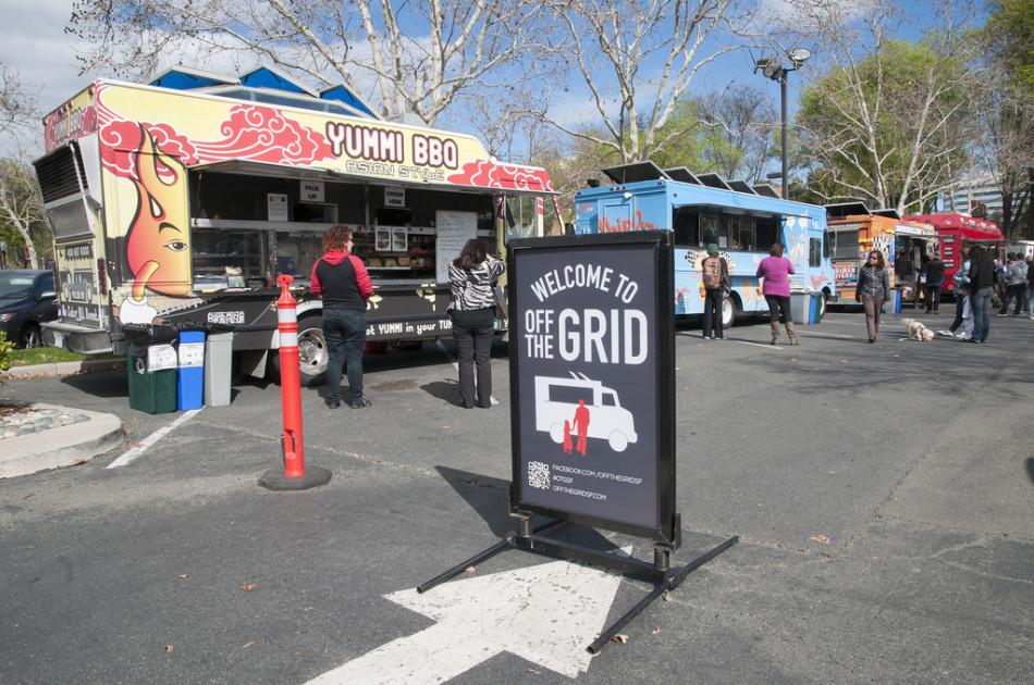 The Off The Grid sign marks the entrance to a variety of stationed food trucks in the Willows Shopping Center in Concord.

The variety of different trucks are available from 11:00 s.m. to 3:00 p.m. on Saturdays.