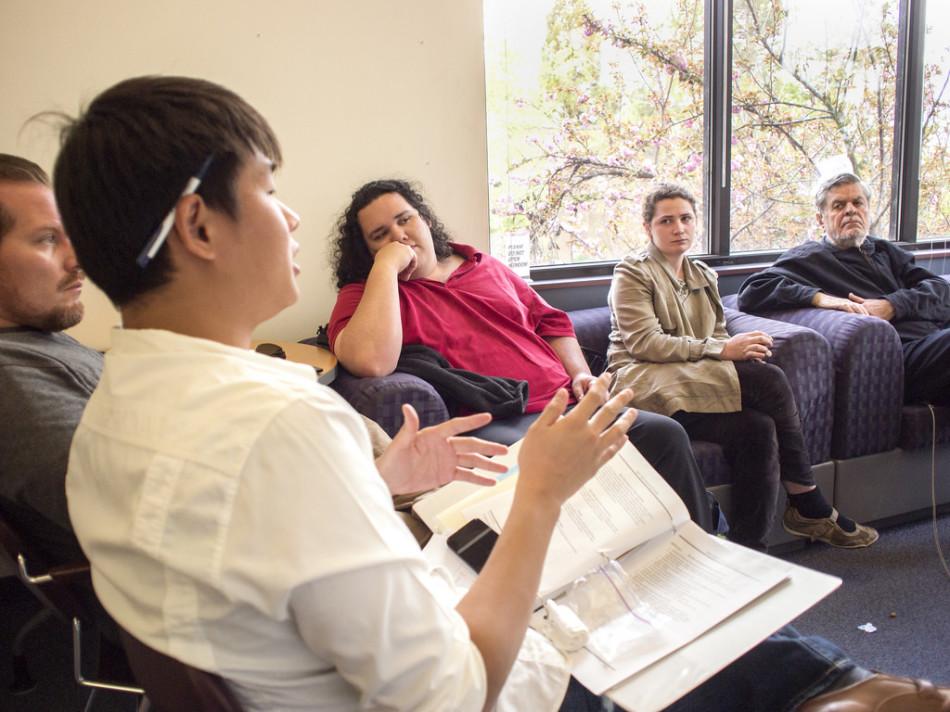 Left to right: ASDVC president, Sam Park,  along with Keith Montes, John Michealson, Elizabeth Nash, and Dr. Arain in the commission of judicial review for the club Model UN at Diablo Valley College on Thursday, Mar. 25, 2014. 