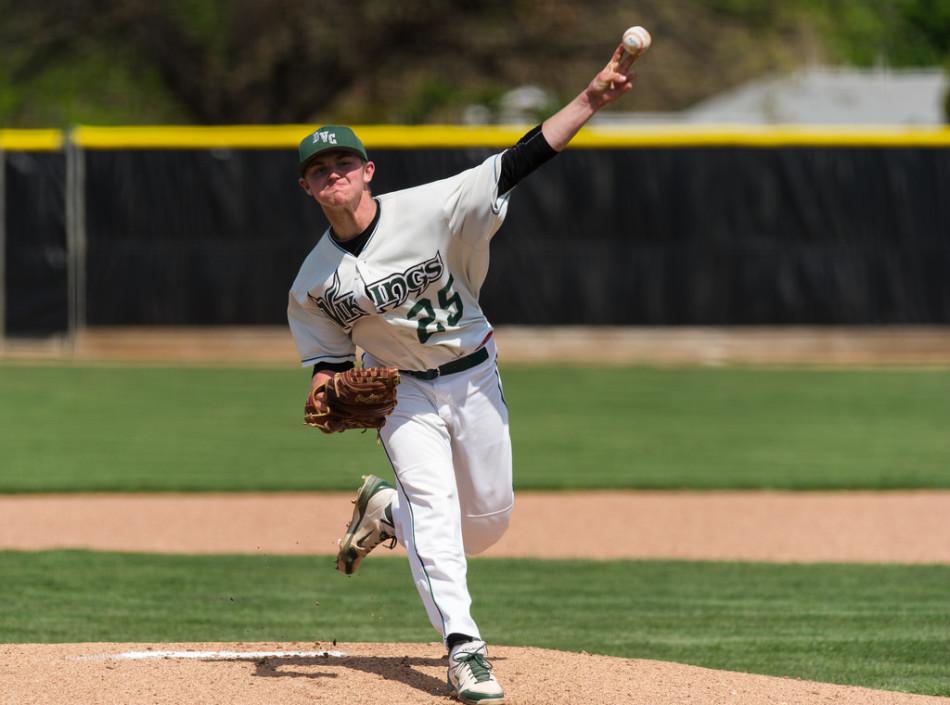 Pitcher Ben Krauth of Diablo Valley College pitched eight innings, allowing one earned run in a win over Cosumnes River on Tuesday April 8, 2014. Final score 3-1 in Pleasant Hill.