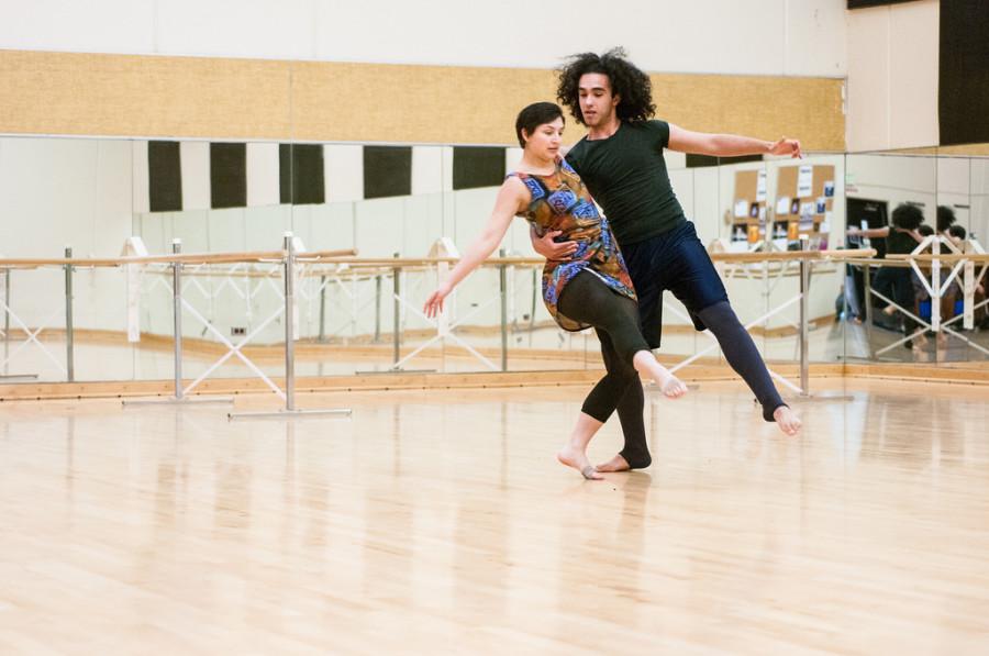 DVC dance students Katarina Klass and Khalil Lamnaouar practice their dance routine for technical director Scott Heiden, in Stories Unraveled.