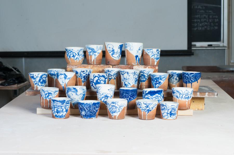 Set of handmade cups made by ceramics students which were given out to the first 0 people who attended DVC's showcase at the California conference for the advancement of ceramic art. Photographed on Wednesday, April 23, prior to the CCACA conference in Davis, Calif.
