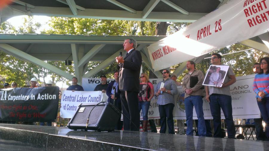 Sen. Mark DeSaulnier speaks out on the issues that Union workers face in Todos Santa Plaza in Concord on Workers Memorial Day on April 28.