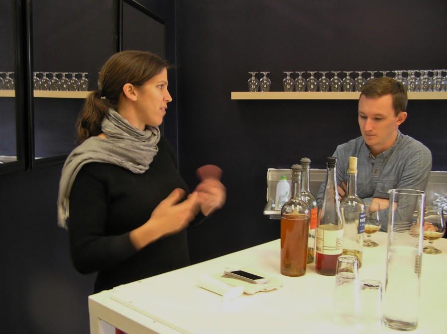 Sarah Jones of San Francisco Mead Company guides taster Matt Langley through flight of mead samples.