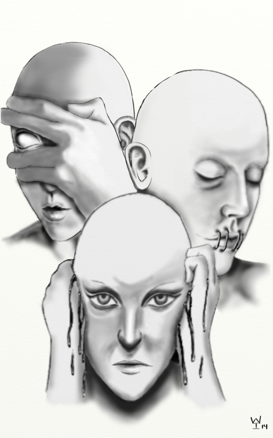 Heads of three people, one covering eyes, one covering ears, and one with mouth sewn shut.