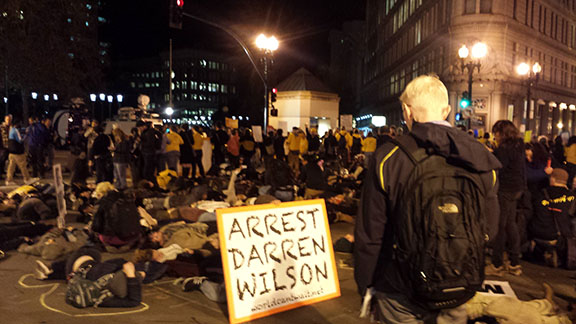 People protesting the Ferguson, Missouri, decision gather on Broadway and 14th Street in Oakland on Nov. 24, 2014.