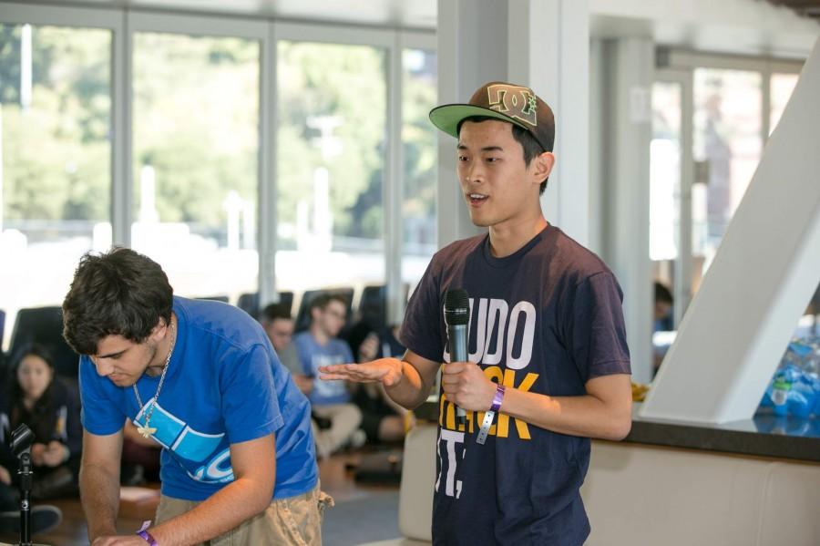 DVC students Ashkon Honardoost, left, and Minos Park, right, present Motion Gesture Authentication at Cal Hacks