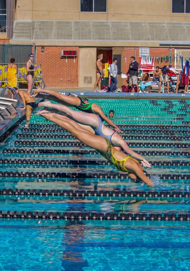 Christine Nip and Camille Long dive off the board for their 100 breaststroke in the first meet of the season. 