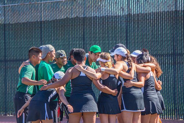 The Vikings tennis team chanting before their match against Folsom Lake on February 27th, 2015 in DVC Pleasant Hill campus.