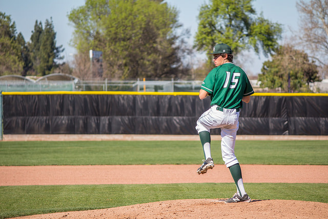 DVC starting pitcher Andrew Merken winds up on March 6 against American River College.