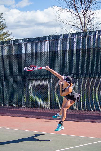 Chelsea Corby Serving on Her Match Against Folsom Lake on February 27th, 2015 at the DVC Pleasant Hill Campus.