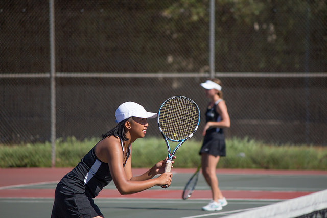Pauline Asuncion Anticipating the Ball Patiently During Her Match Against Folsom Lake on February 27th, 2015 at the DVC Pleasant Hill Campus.