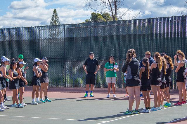The Vikings Tennis Team and Folsom Lake Tennis Team Listening to DVC Tennis Headcoach Jackie Ponciano-Babb Speaks Before the Game on February 27th, 2015 at DVC Pleasant Hill Campus.