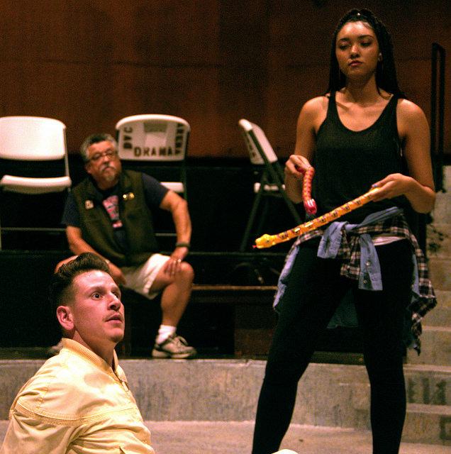 Cesar Garcia as Oedipus is struck by fear when Candice Masons spirit character appears during a scene at Oedipus El Rey rehearsal in the DVC Arena Theater on April 13, 2015. The show will run from April 24 - May 10. 