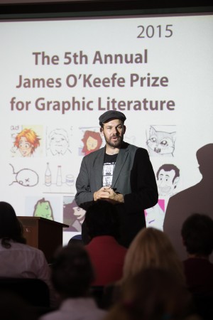 Adam Bessie speaks at the fifth annual James OKeefe Graphic Litererature contest awards on March 19, 2015