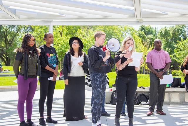 DVC WE and Pan African Union clubs demonstrating roles of feminism and how everyone should be treated equally at the new DVC quad area on April 13th, 2015. 