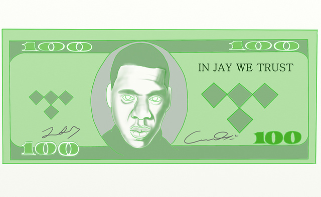 Jay-Zs face and the Tidal logo on a $100 bill