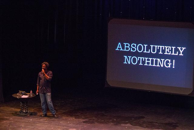 The social political comedian W. Kamau Bell speaking to DVC students about racism in the Performing Arts Center on April 8th, 2015