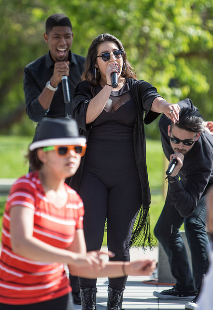 Selena Soberal performs with the DVC Vocal Jazz Ensemble in the new DVC Commons area on Wednesday, April 8. The Music and Dance Departments both contributed to performances at the official opening.