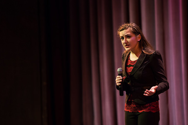 Saamia Haqiq, 17, presents her persuasive speech in the DVC PAC Theater on April 21, 2015.