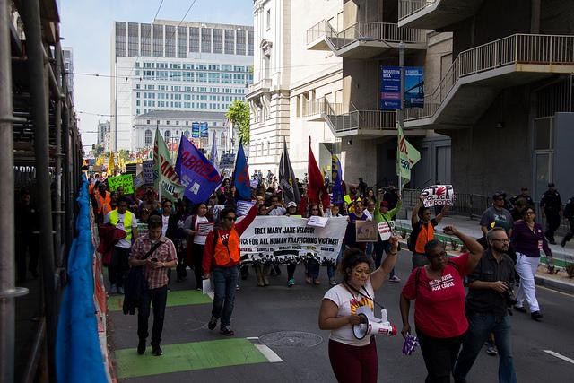 Protesters start their march towards Mission Street in San Francisco during the May Day protests held on May 1st 2015