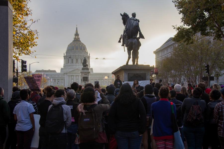 A crowd gathers for a rally to stop violence against transwomen of color held at the Civic Center Plaza on the 25th of August 2015