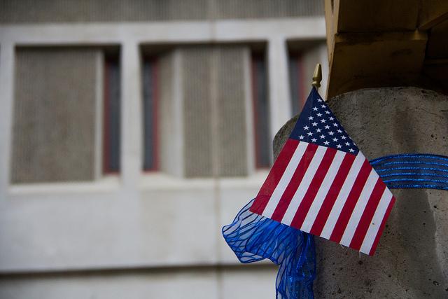 An American flag wrapped around a pillar at the Martinez Corrections Facility representing police lives matter on 14 September