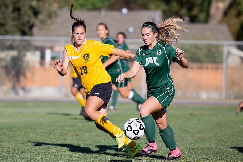 DVC forward Julia Curran (18) moves down the field in the second half in an attempt to score in a game between DVC and Chabot at DVC in Pleasant Hill, Calif. on Friday, Sept. 18, 2015.