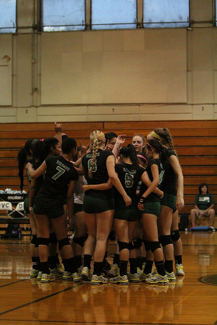 The Diablo Volleyball team huddles between the first and second at DVC in Pleasant Hill, Calif. on Friday, Oct. 16, 2015. The Vikings lost 3-0.