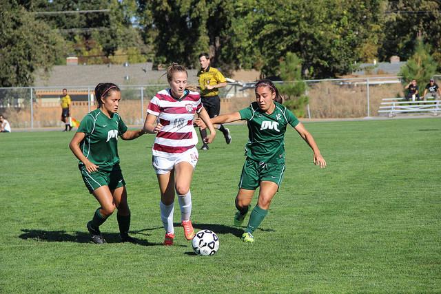 Karla Ramos(7) and Icela Rodriguez(12) attacking opponent in a game between DVC and Sierra at DVC on Friday, Oct. 2, 2015. The teams tied 0-0. 