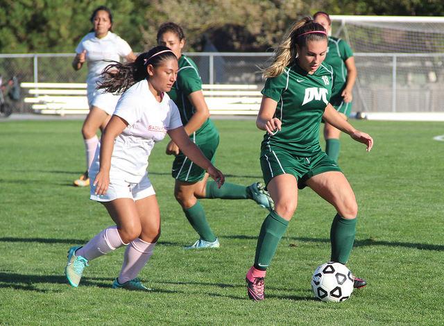 Julia Curran steals possession from Sacramento City player in DVC vs. Sacramento City game at DVC in Pleasant Hill, Calif. on Tuesday, Oct. 6, 2015. The Vikings won 3-0.